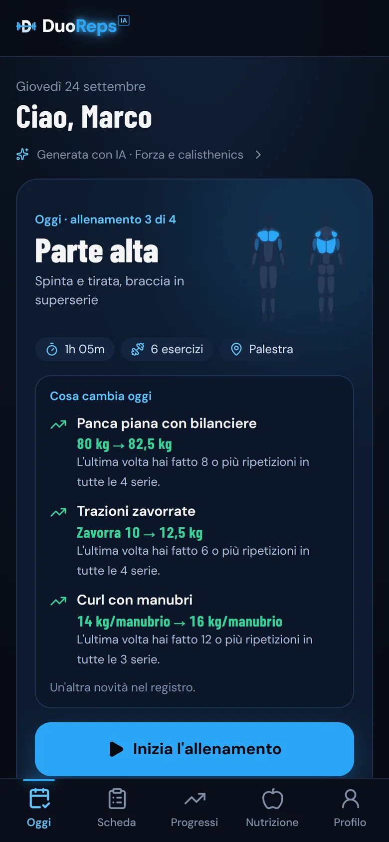 La schermata Oggi: l'allenamento del giorno e cosa cambia, con il motivo